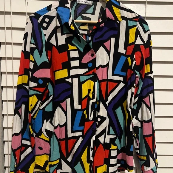 80’s Vintage Vibes Artistic Cubism Style Size M Abstract Geometric Button Up - Picture 6 of 9
